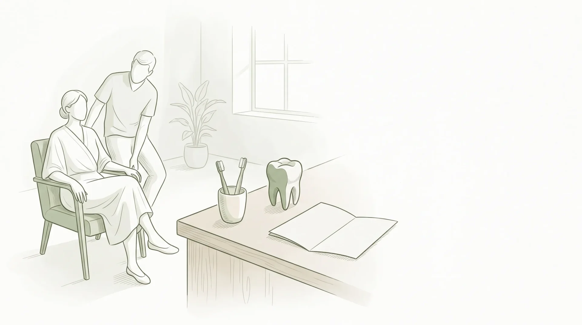 Adults and a child-sized toothbrush cup suggest family dental care in a calm home setting.