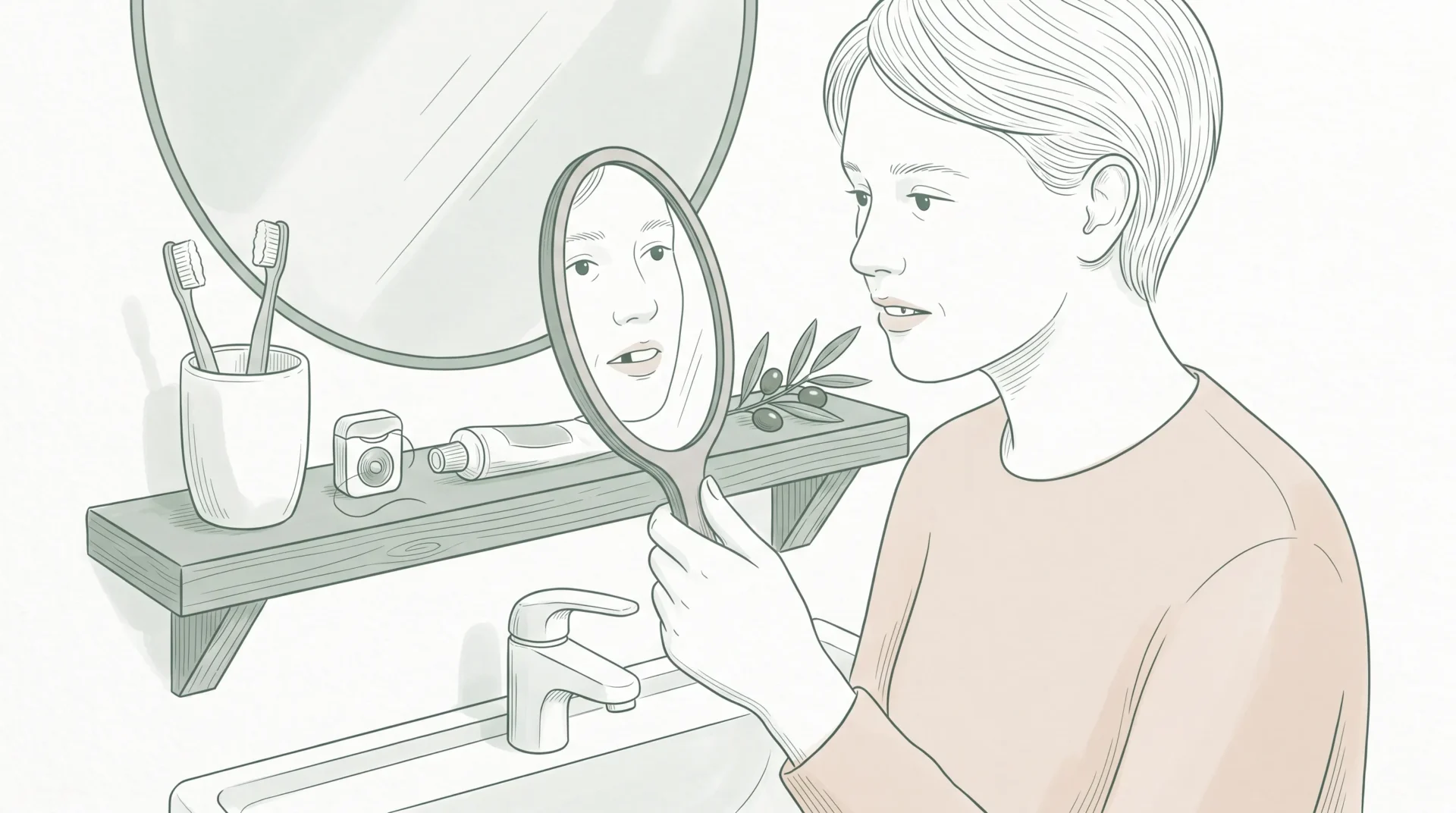 An adult checks a chipped front tooth in a bathroom mirror, with toothbrushes and floss on the shelf nearby.