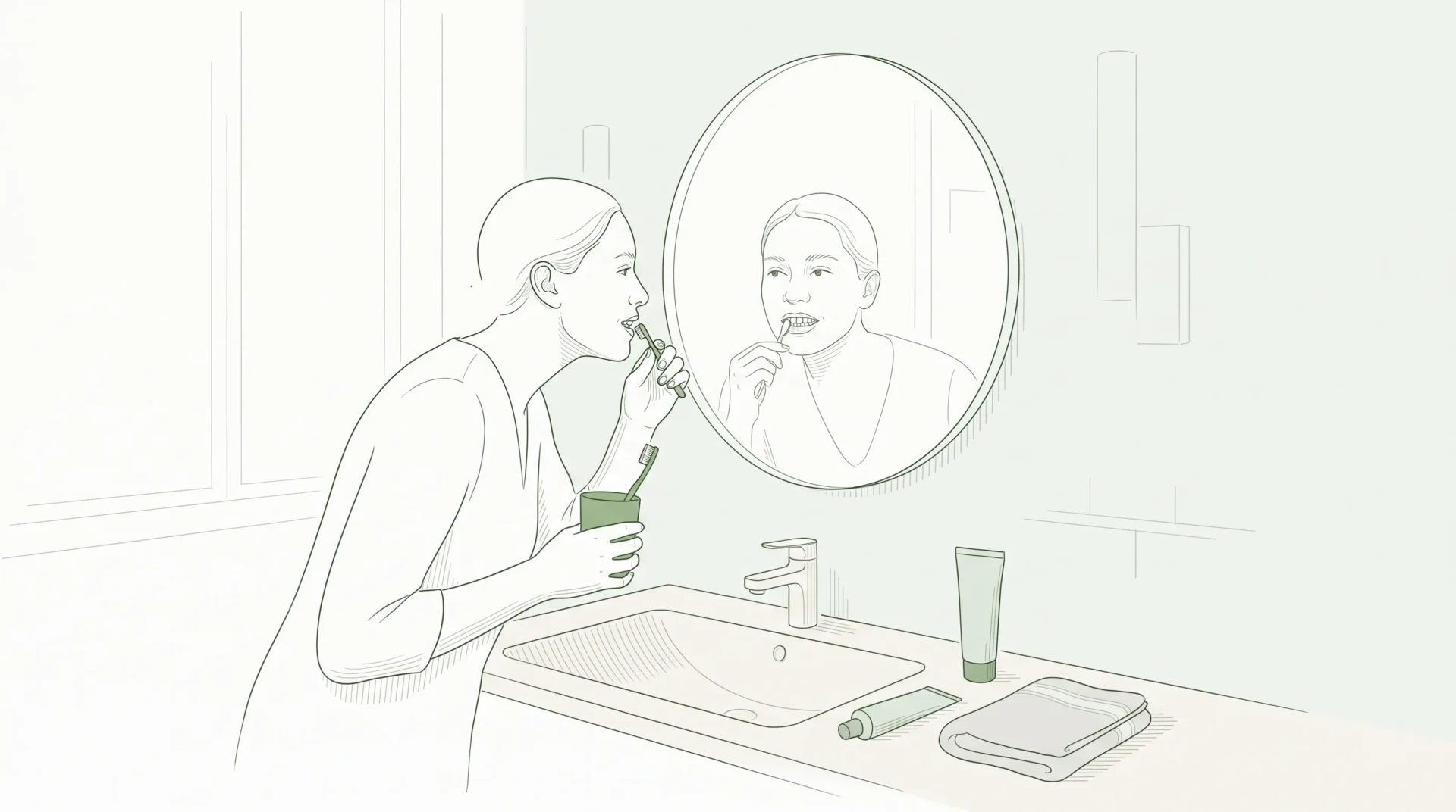An adult checks the colour of their front teeth in a bathroom mirror before asking about whitening.