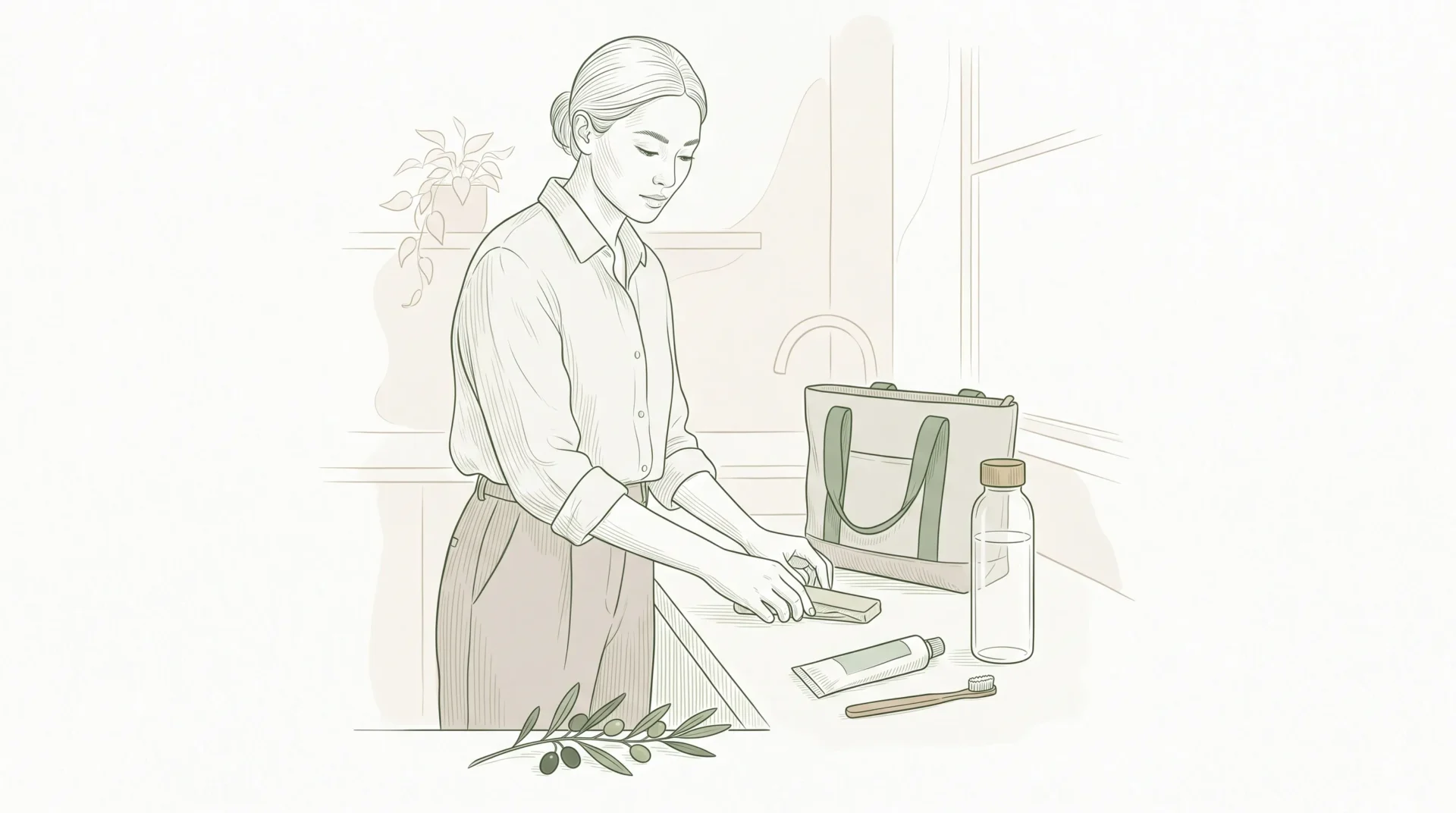An adult in the kitchen or bathroom sets out a toothbrush, toothpaste and water bottle beside a work bag, showing a simple dental routine for a busy day.