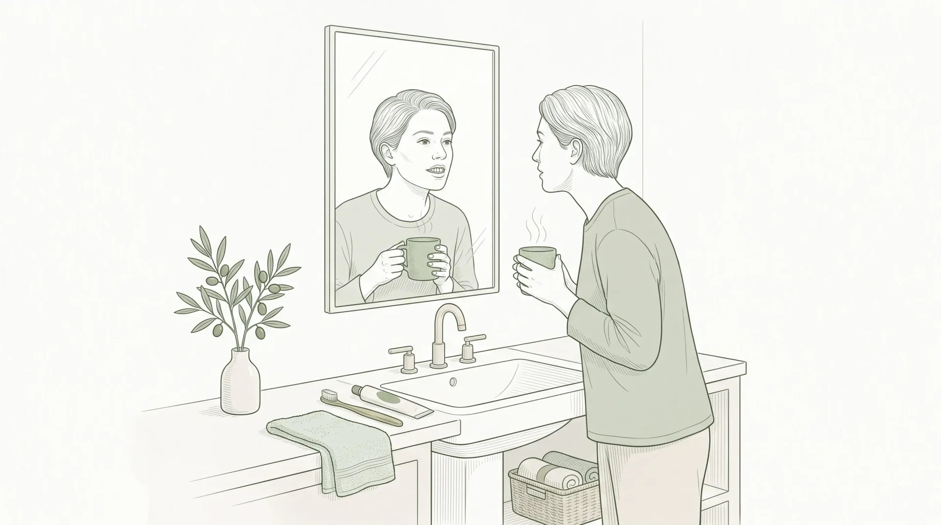An adult looks at their teeth in a bathroom mirror before asking about whitening.