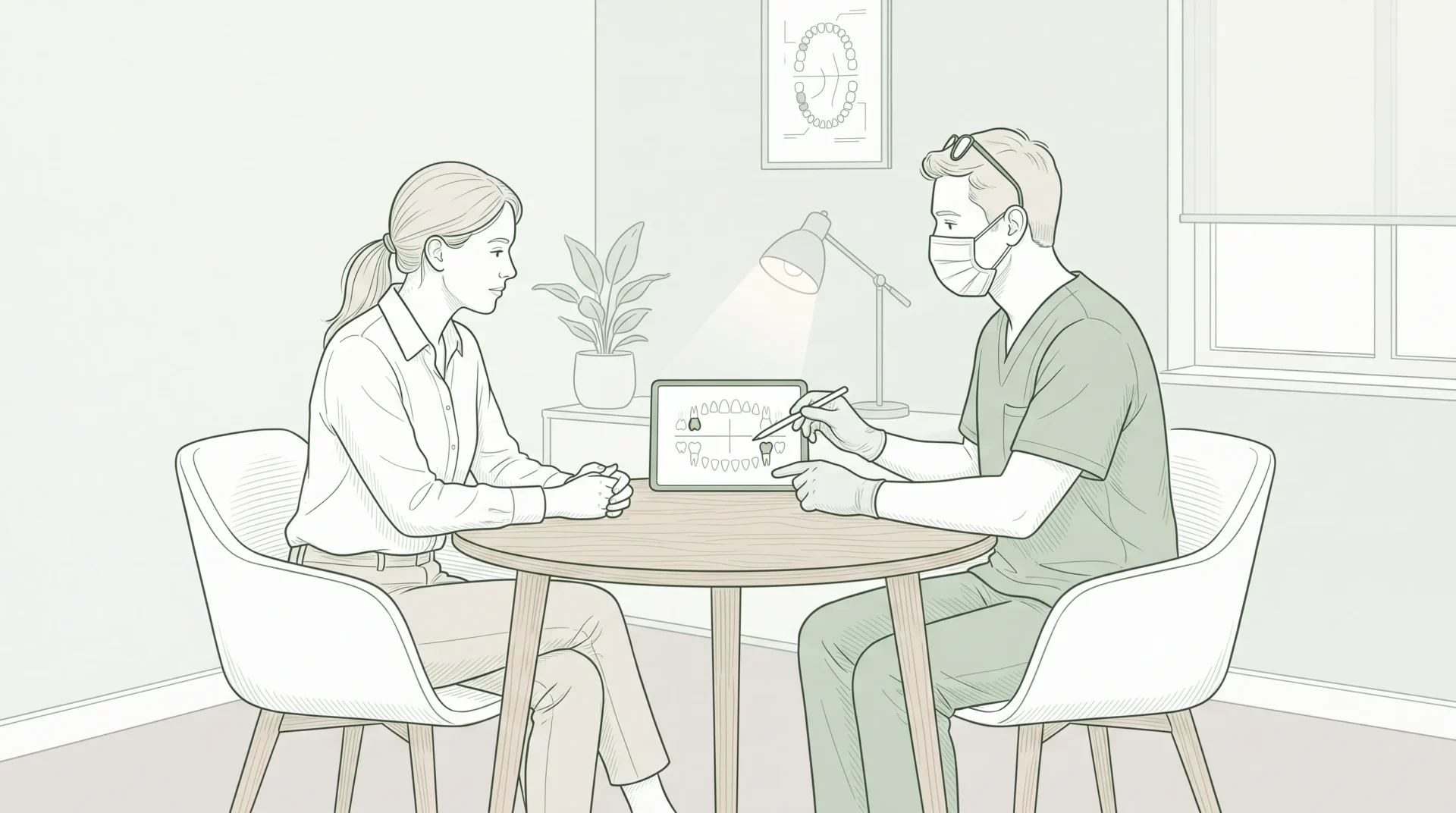 An adult patient and dentist sit facing one another in a consultation room, discussing questions about possible cosmetic dental treatment.