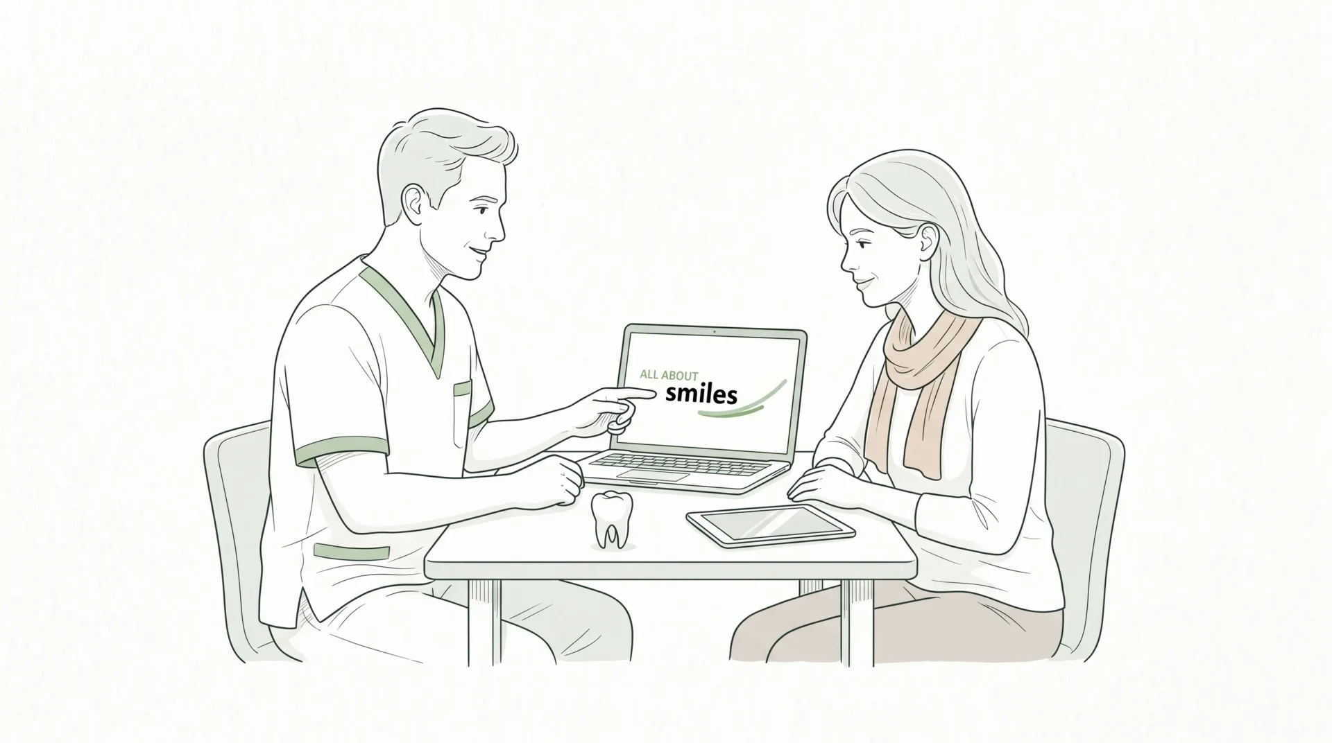 An adult patient discusses cosmetic dental services with a dentist during a calm consultation, both shown with complete facial features at a small clinic table.
