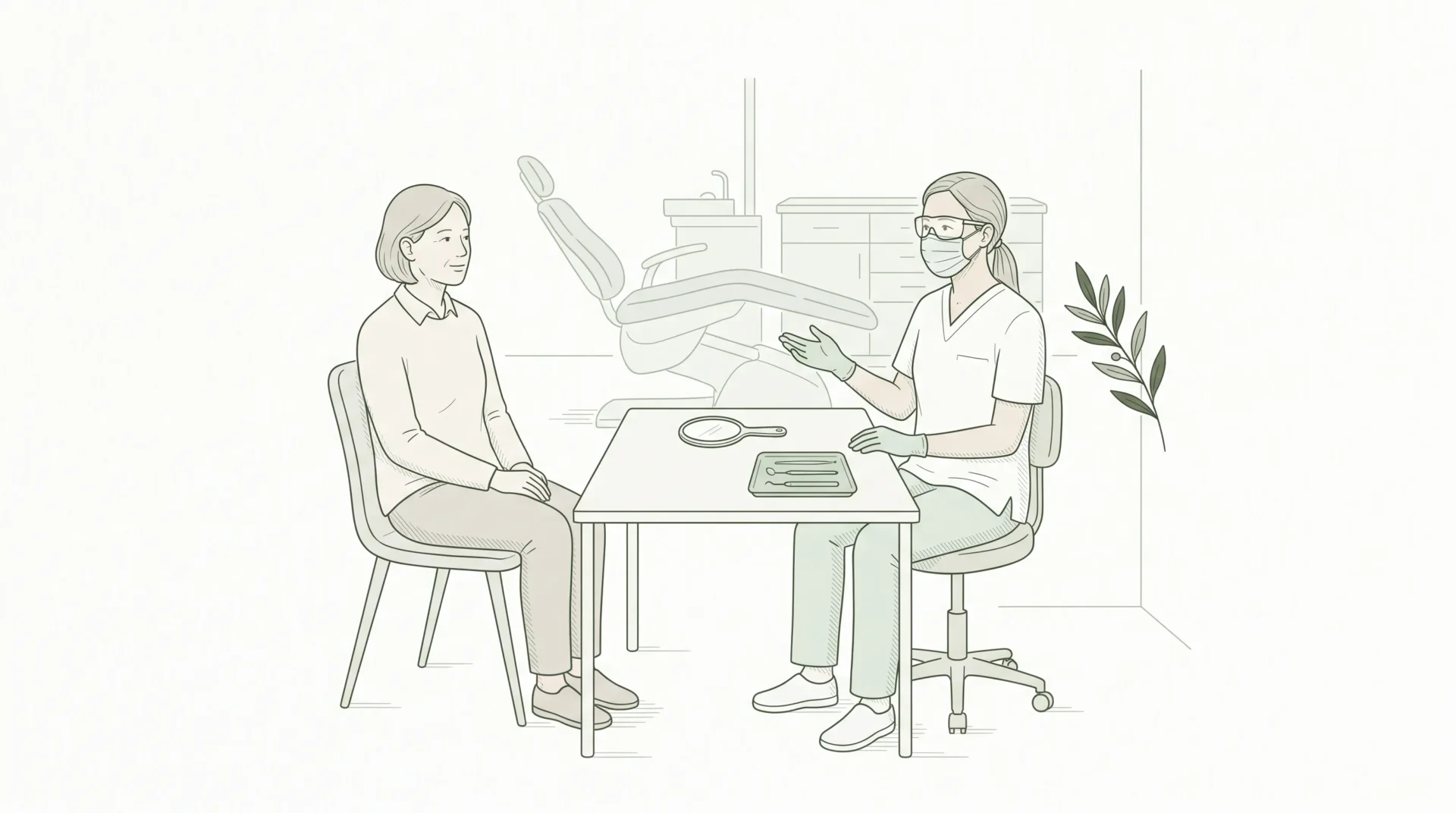 An adult patient talks with a dentist before a cleaning, with a mirror and tidy tray on the table.