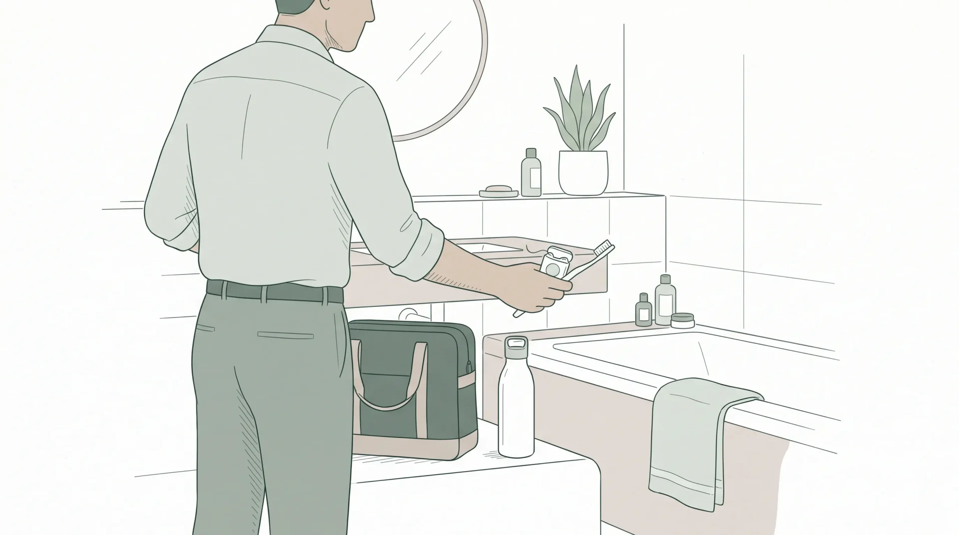 An adult places a toothbrush, floss and a water bottle beside a work bag on a bathroom bench, showing a realistic routine for busy mornings.