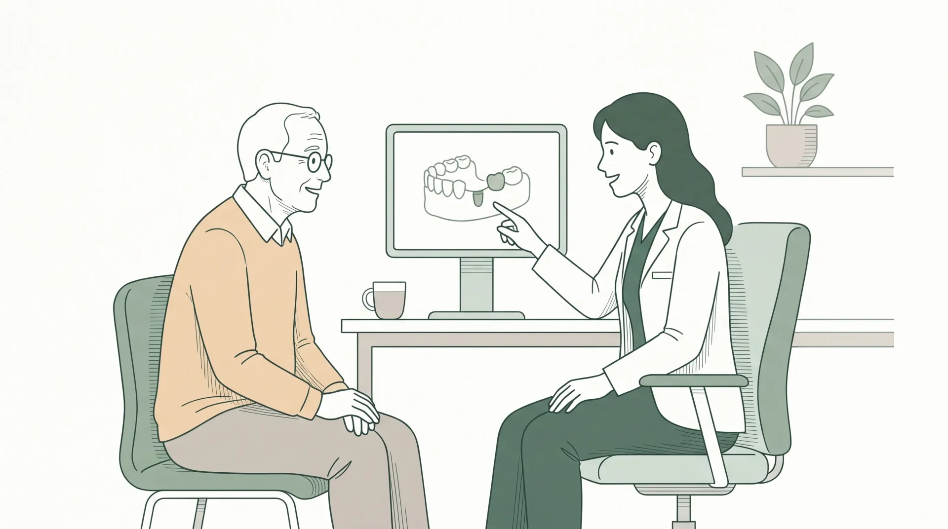 An older adult and a dentist discuss changing family dental needs during a calm clinic consultation.