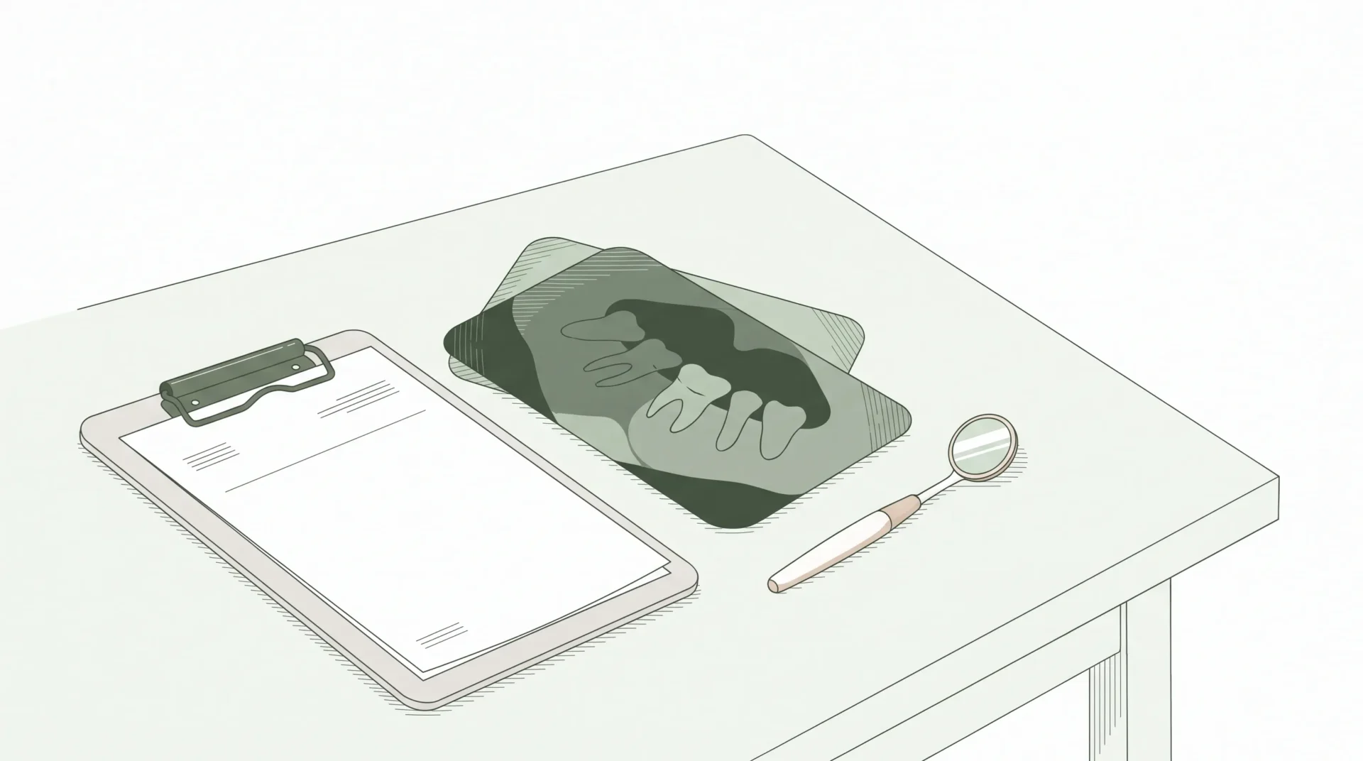 Blank intake forms, X-rays and a dental mirror on a planning table for a first visit.