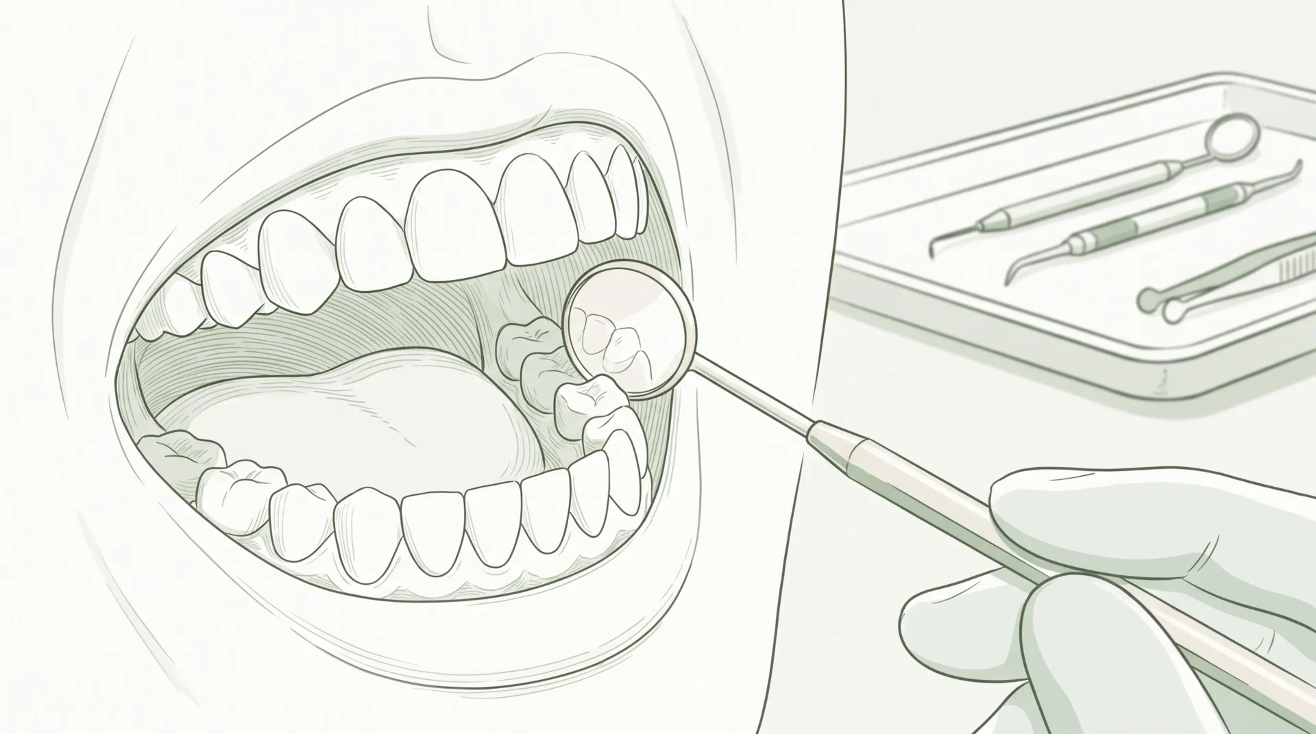 Close-up of a dental mirror checking a tooth and gumline during a check-up.