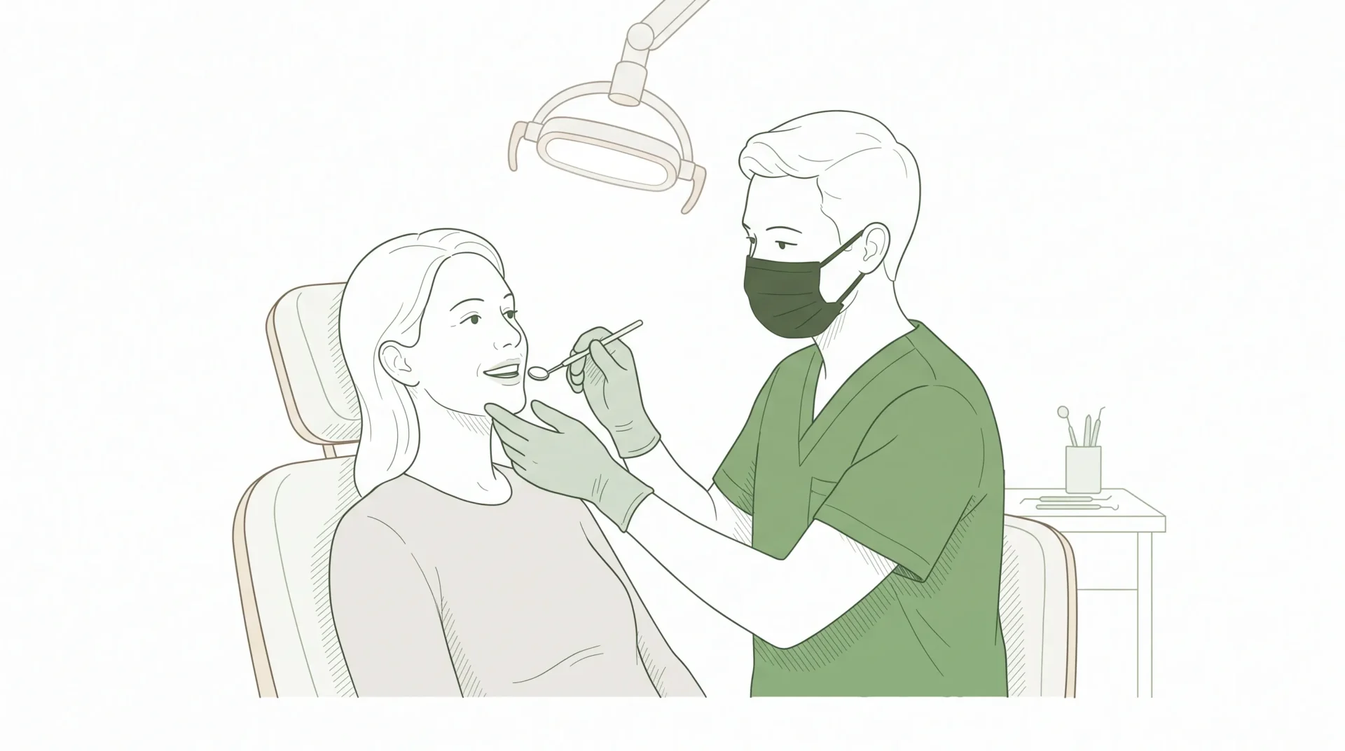 Fine-line illustration showing a dentist gently examining a seated adult patient’s teeth with a mirror during a routine check-up, with both faces fully visible.