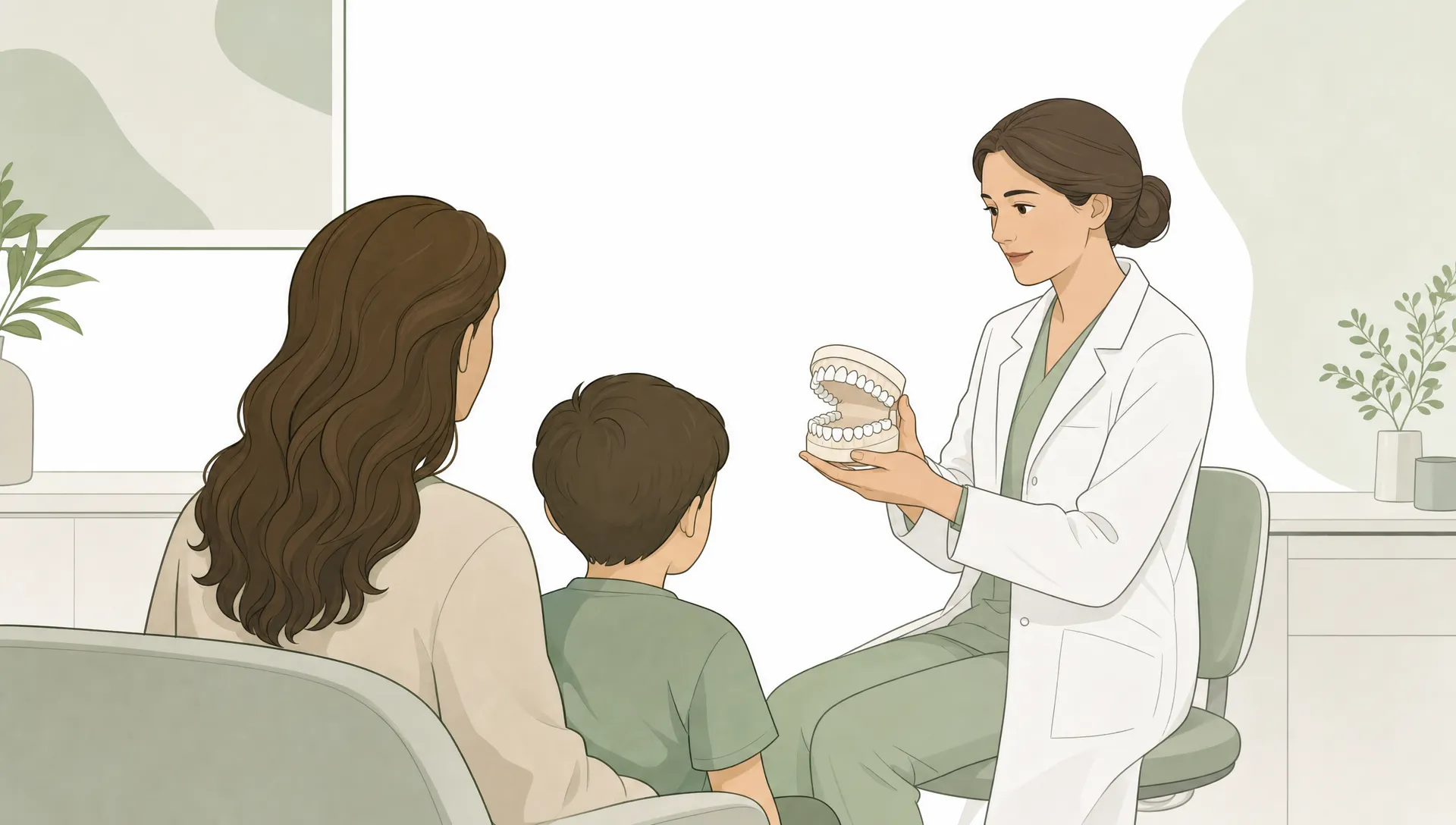 From behind a parent and child, a dentist shows a dental model during a check-up.