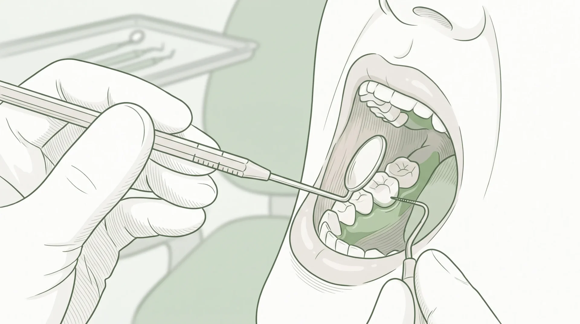 Gloved hands check a molar and gumline closely during a routine dental examination.