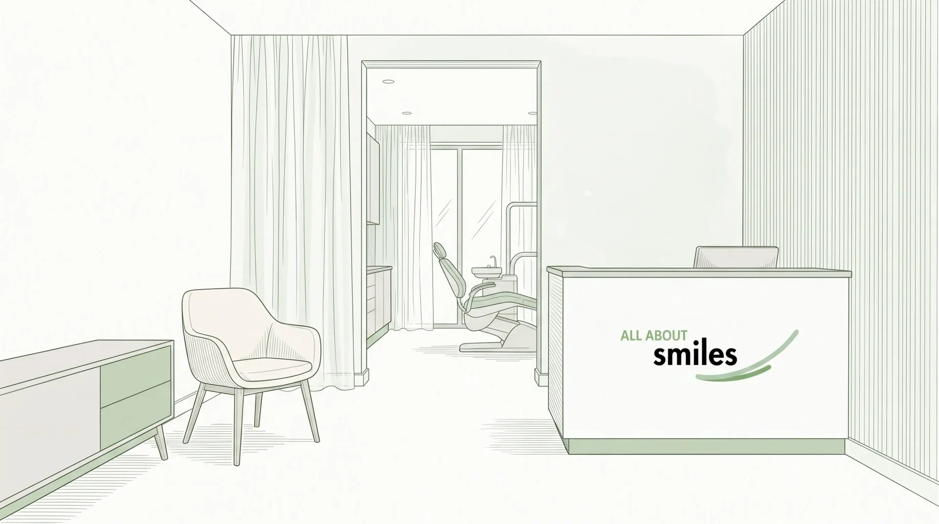 The inside of a local dental clinic shows a reception counter, waiting chair and open consultation room.