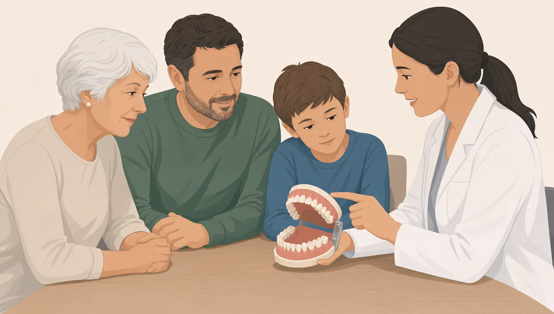 Three family members and a dentist sit around a dental model, showing family dentistry across different ages.