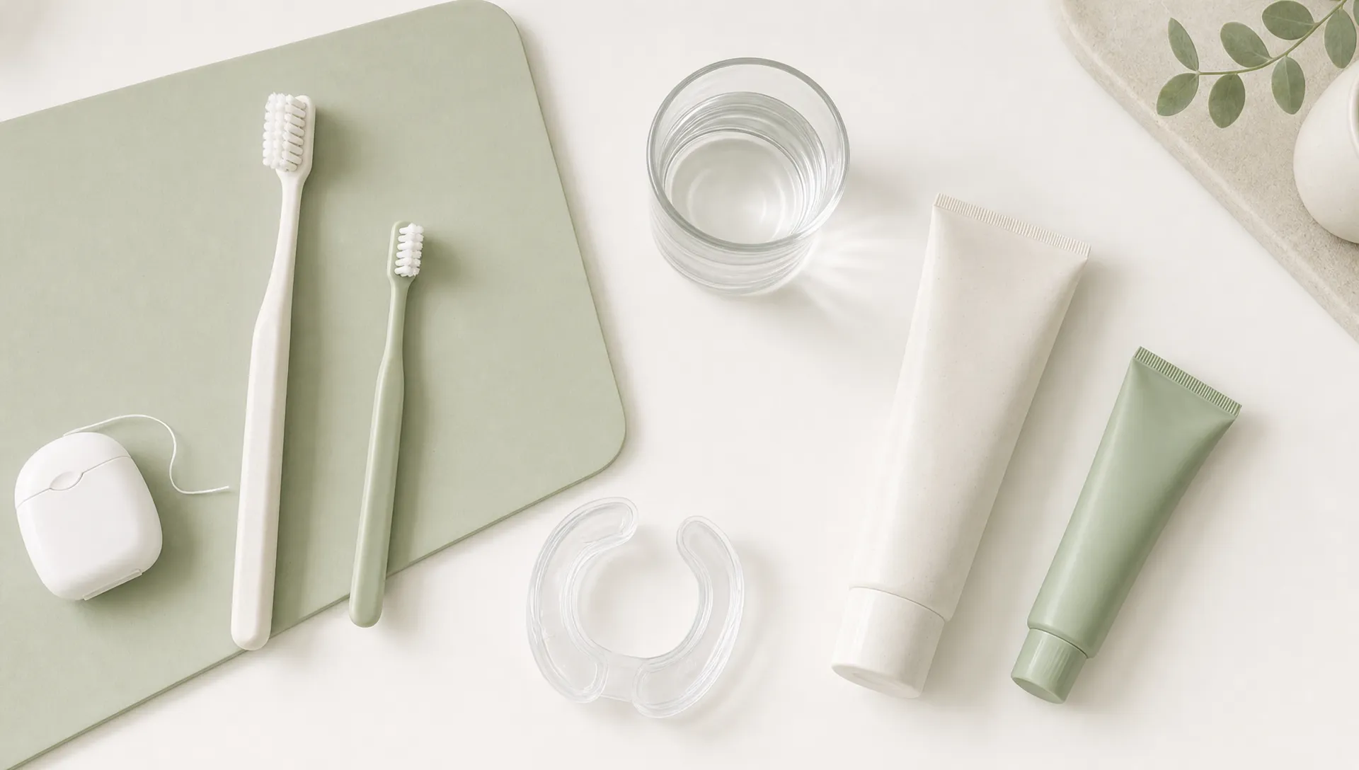 Toothbrushes, floss and a mouthguard are laid out for everyday family dental care.