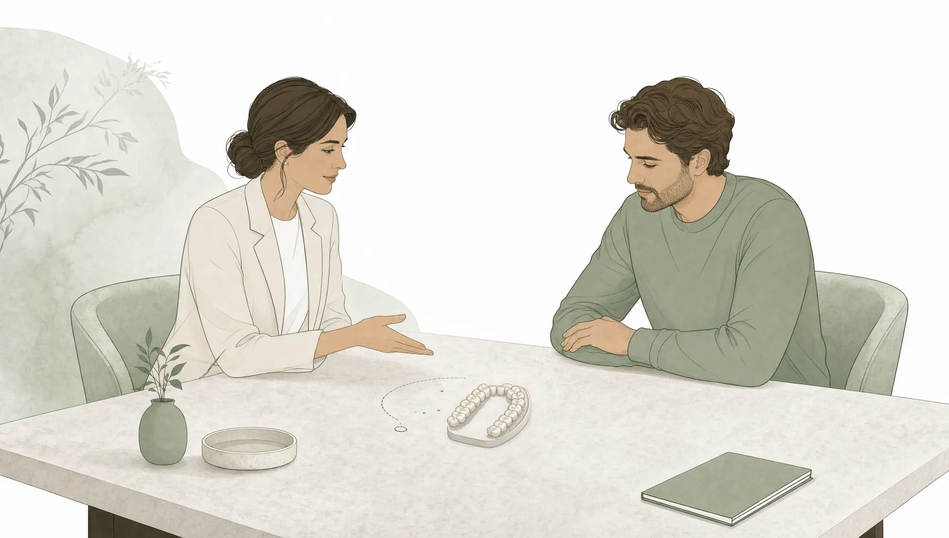 Two adults discuss dental options beside a simple tooth arch, suggesting a Kincumber consultation.